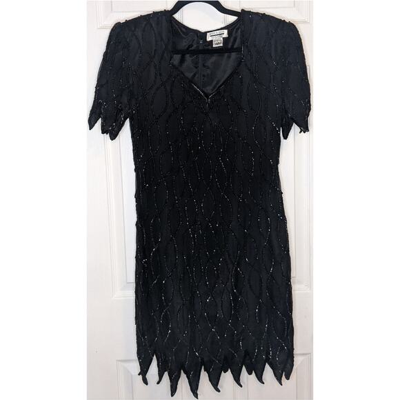 Mark & John by Gopal Vintage Black Sequined Beaded Silk Cocktail Evening Dress L - Picture 4 of 14